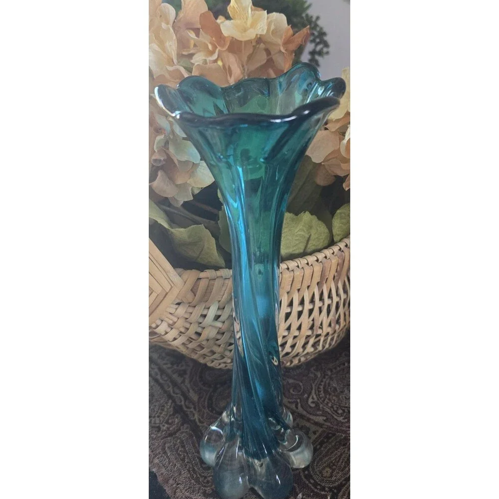 Vintage MCM Twisted Art Glass Vase Turquoise Blue Swung Glass 11